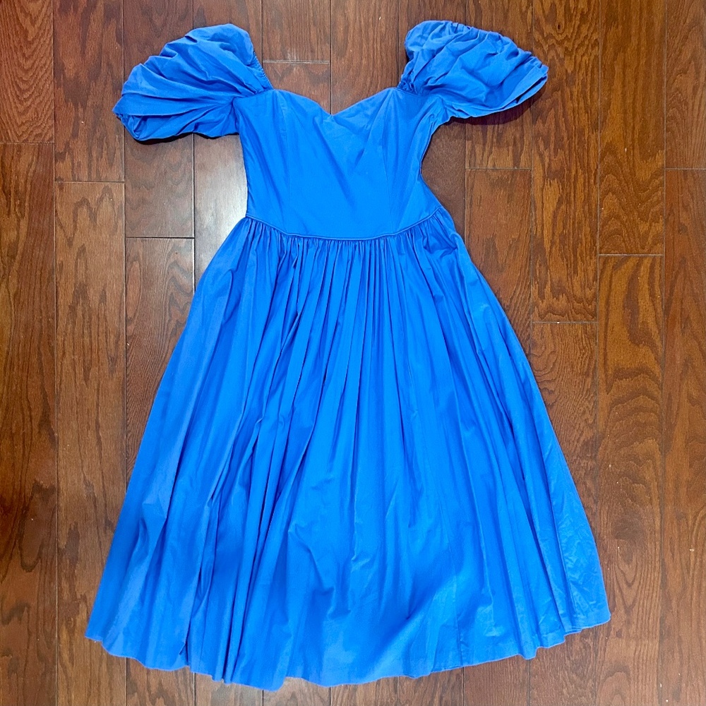 Vintage Laura Ashley Cottagecore Dress Prom Strapless puff sleeve pleats blue
